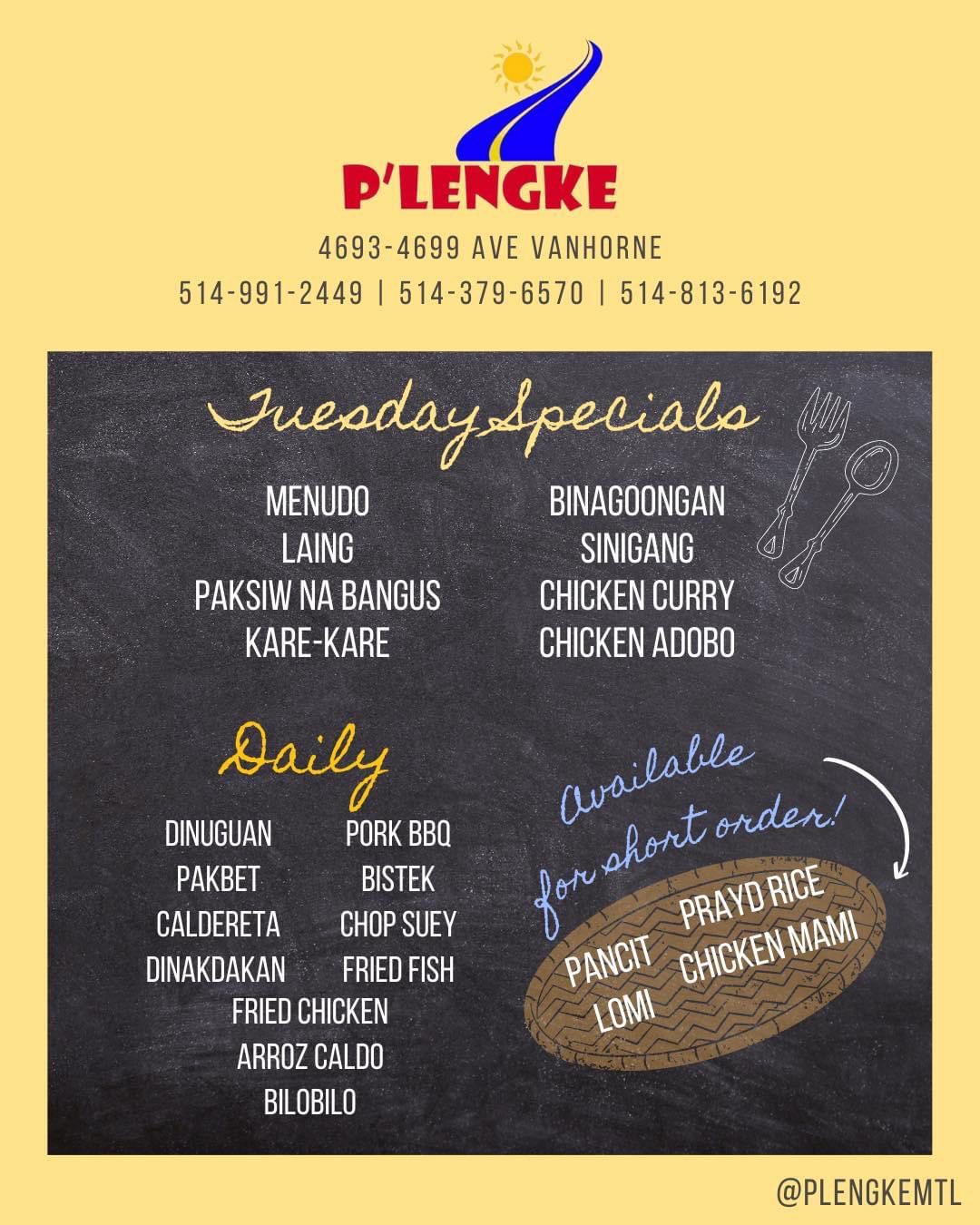 Tuesday menu featuring Menudo, Laing, Paksiw na Bangus, Kare-Kare, Binagoongan Sinigang, Chicken Curry, and Chicken Adobo