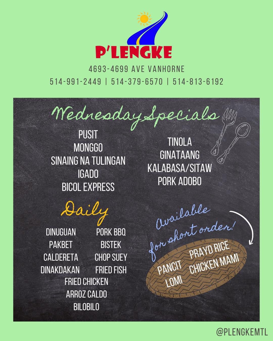 Wednesday menu featuring Pusit, Monggo, Sinaing na Tulingan, Igado, Bicol Express, Tinola, Ginataang, Kalabasa/Sitaw, and Pork Adobo