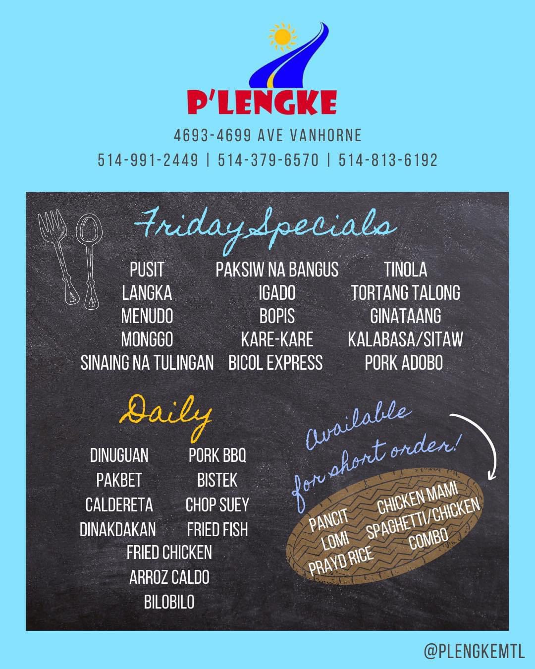 Friday menu featuring Pusit, Monggo, Sinaing na Tulingan, Igado, Bicol Express, Tinola, Ginataang, Kalabasa/Sitaw, and Pork Adobo